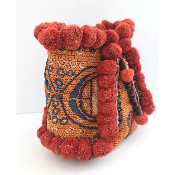 Bohemian Orange and Red Pom-Pom Shoulder Bag - Picture 5 of 16